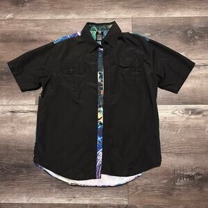 Akademiks Short Sleeve Button Down Black Shirt Tiger Back, Size Large